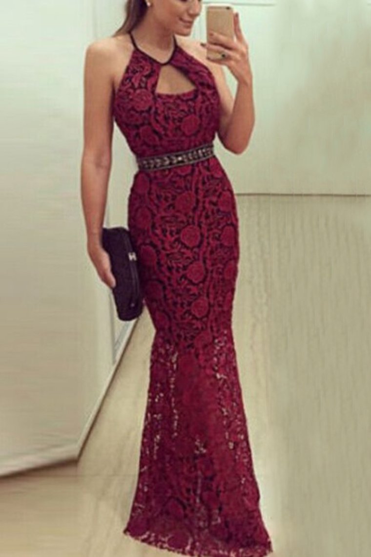 Spaghetti Straps Mermaid Lace Evening Dresses With Beaded Waistline Rjerdress