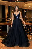 Spaghetti Straps Prom Dresses A Line Organza & Sequin Sweep Train Rjerdress