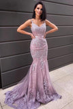 Spaghetti Straps Prom Dresses Tulle With Applique Sweep Train Mermaid
