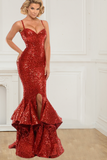 Spaghetti Straps Red Sequin Long Mermaid Front Slit Sparkle Long Prom Dresses RJS520