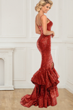 Spaghetti Straps Red Sequin Long Mermaid Front Slit Sparkle Long Prom Dresses RJS520 Rjerdress
