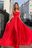 Spaghetti Straps Satin Long Red Open Back Simple Cheap Prom Dresses