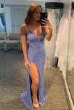 Spaghetti Straps Sequin Sexy Mermaid Side Slit Popular Cheap Prom Dresses Evening Dress RJS688