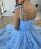 Spaghetti Straps Sequins Blue Tea Length Prom Dress, Blue Tea length Formal Homecoming Dress, Sequins Evening Dress Rjerdress