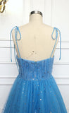Spaghetti Straps Sequins Blue Tea Length Prom Dress, Blue Tea length Formal Homecoming Dress, Sequins Evening Dress Rjerdress