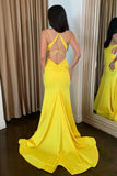 Spaghetti Straps Square Yellow Backless Mermaid Prom Dress Rjerdress