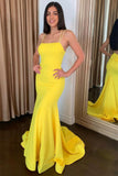 Spaghetti Straps Square Yellow Backless Mermaid Prom Dress