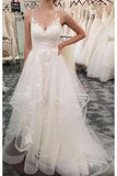 Spaghetti Straps Tulle Beach Wedding Dress With Lace Appliques, Long Bride Dresses