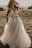 Spaghetti Straps Tulle Deep V-Neck Wedding Dresses, Romantic Bohemian Beach Bride Dress RJS15421