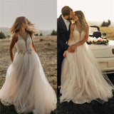 Spaghetti Straps Tulle Deep V-Neck Wedding Dresses, Romantic Bohemian Beach Bride Dress RJS15421 Rjerdress