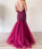 Spaghetti Straps Tulle Mermaid Prom Dresses With Beading Sweep Train Rjerdress