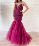 Spaghetti Straps Tulle Mermaid Prom Dresses With Beading Sweep Train Rjerdress