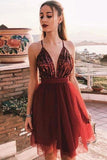 Spaghetti Straps V Neck Burgundy Tulle Homecoming Dresses with Sequins Cocktail Dresses