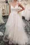 Spaghetti Straps V-Neck Ivory Lace Long Wedding Dresses Dresses For Wedding Rjerdress