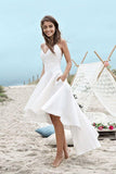 Spaghetti Straps V Neck Long High Low Ivory Wedding Dresses with Pockets RJS216