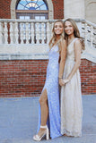 Spaghetti Straps V Neck Mermaid Sequins Sleeveless Floor Length Prom Dresses With Split