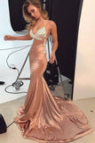 Spaghetti Straps V Neck Satin Prom Dresses Lace Criss Cross Mermaid Evening Dresses RJS524