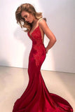 Spaghetti Straps V Neck Satin Prom Dresses Lace Criss Cross Mermaid Evening Dresses RJS524 Rjerdress
