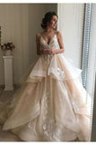 Spaghetti Straps V Neck Sleeveless  Wedding Dresses With Layer