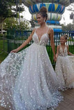 Spaghetti Straps V Neck Sparkly Wedding Dress with Stars, Floor Length Long Bride Dress