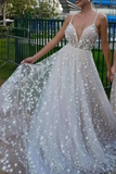 Spaghetti Straps V Neck Sparkly Wedding Dress with Stars, Floor Length Long Bride Dress Rjerdress