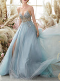 Spaghetti Straps V Neck Tulle Prom Dress With Appliques, A Line Long Formal Dress With Beads Rjerdress