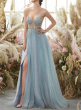 Spaghetti Straps V Neck Tulle Prom Dress With Appliques, A Line Long Formal Dress With Beads