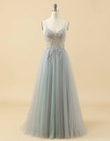 Spaghetti Straps V Neck Tulle Prom Dress With Appliques, A Line Long Formal Dress With Beads Rjerdress