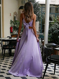 Spaghetti Straps V Neck Two Piece Prom Dresses A Line Satin With Split Floor Length Rjerdress
