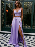 Spaghetti Straps V Neck Two Piece Prom Dresses A Line Satin With Split Floor Length Rjerdress