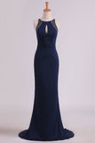 Spandex Scoop With Beading Sheath Party Dresses Open Back Sweep Train