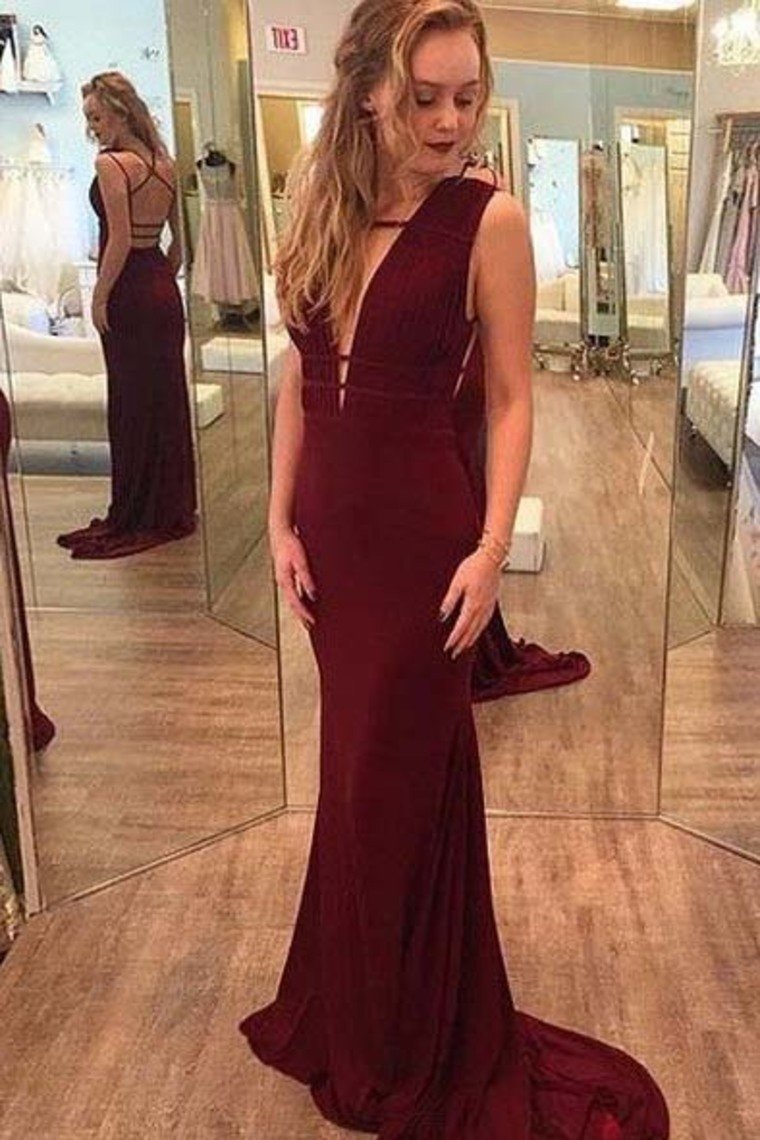 Spandex V Neck With Ruffles Mermaid Sweep Train Prom Evening Dresses Rjerdress