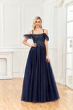 Sparkle A Line Off Shoulder Tulle Appliques Beaded Ruffles Prom Dresses Rjerdress