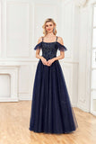Sparkle A Line Off Shoulder Tulle Appliques Beaded Ruffles Prom Dresses