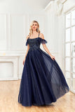 Sparkle A Line Off Shoulder Tulle Appliques Beaded Ruffles Prom Dresses Rjerdress