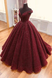 Sparkle Ball Gown V Neck Burgundy Off the Shoulder Prom Dress Quinceanera Dresses P1037 Rjerdress