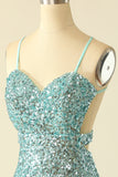 Sparkle Fitted And Sheath Spaghetti Straps Blue Homecoming Dress V Neck Rjerdress