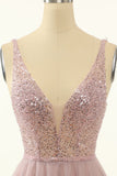 Sparkle Fitted Short V Neck A Line Sequin & Tulle Homecoming Dress Rjerdress
