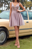 Sparkle Fitted Short V Neck A Line Sequin & Tulle Homecoming Dress Rjerdress