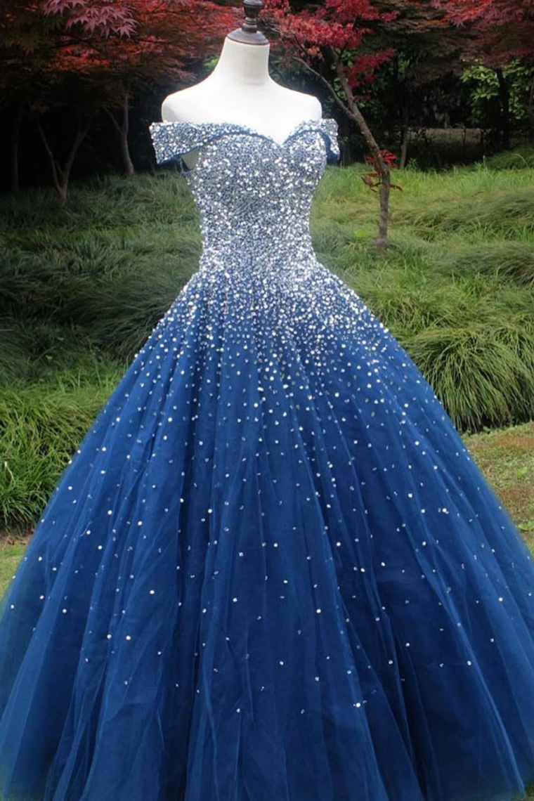 Puffy Royal Blue Long Sleeves Quince Ball Gown Prom Dresses –  Simibridaldresses