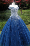 Sparkle Off The Shoulder Blue Ball Gown Prom Dresses, Puffy Tulle Quinceanera Dresses Rjerdress