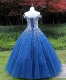 Sparkle Off The Shoulder Blue Ball Gown Prom Dresses, Puffy Tulle Quinceanera Dresses Rjerdress