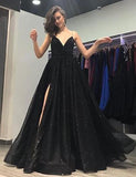 Sparkle Sequin Spaghetti Strap Black Long Prom Dresses With Slit Evening Dress Rjerdress