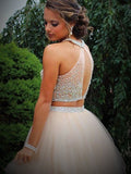Sparkle Two Pieces Halter Open Back Pink Sleeveless Beads Tulle Homecoming Dress RJS952 Rjerdress