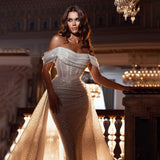Sparkle White Off-The-Shoulder Simple Mermaid Wedding Dresses Bead Rjerdress