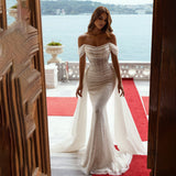 Sparkle White Off-The-Shoulder Simple Mermaid Wedding Dresses Bead Rjerdress