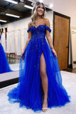 Sparkly A Line Off The Shoulder Appliques Long Tulle Prom Dress with Slit Rjerdress