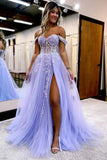 Sparkly A Line Off The Shoulder Appliques Long Tulle Prom Dress with Slit