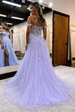Sparkly A Line Off The Shoulder Appliques Long Tulle Prom Dress with Slit Rjerdress