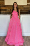 Sparkly A Line One Shoulder Sequin Long Prom Dresses with Pockets